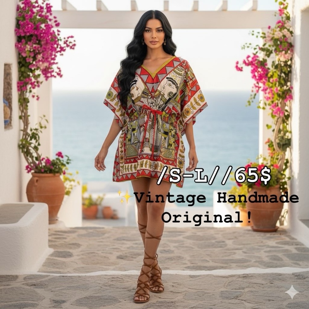 Vintage Greek‎ Goddess Handmade Kaftan Tunic Adjustable  Boho Festival Dress S-L